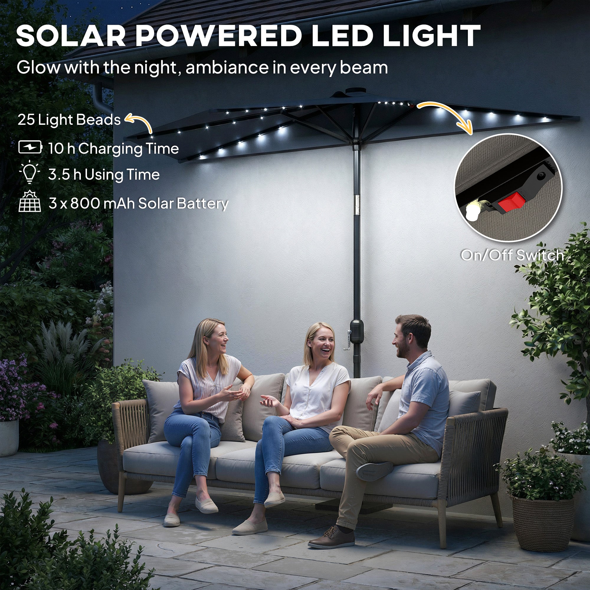 Outsunny 2.6 m Half Garden Parasol with Solar LED Lights, UPF50+ Semi Round Umbrella with 30Â° Tilt, Crank Handle, Dark Grey