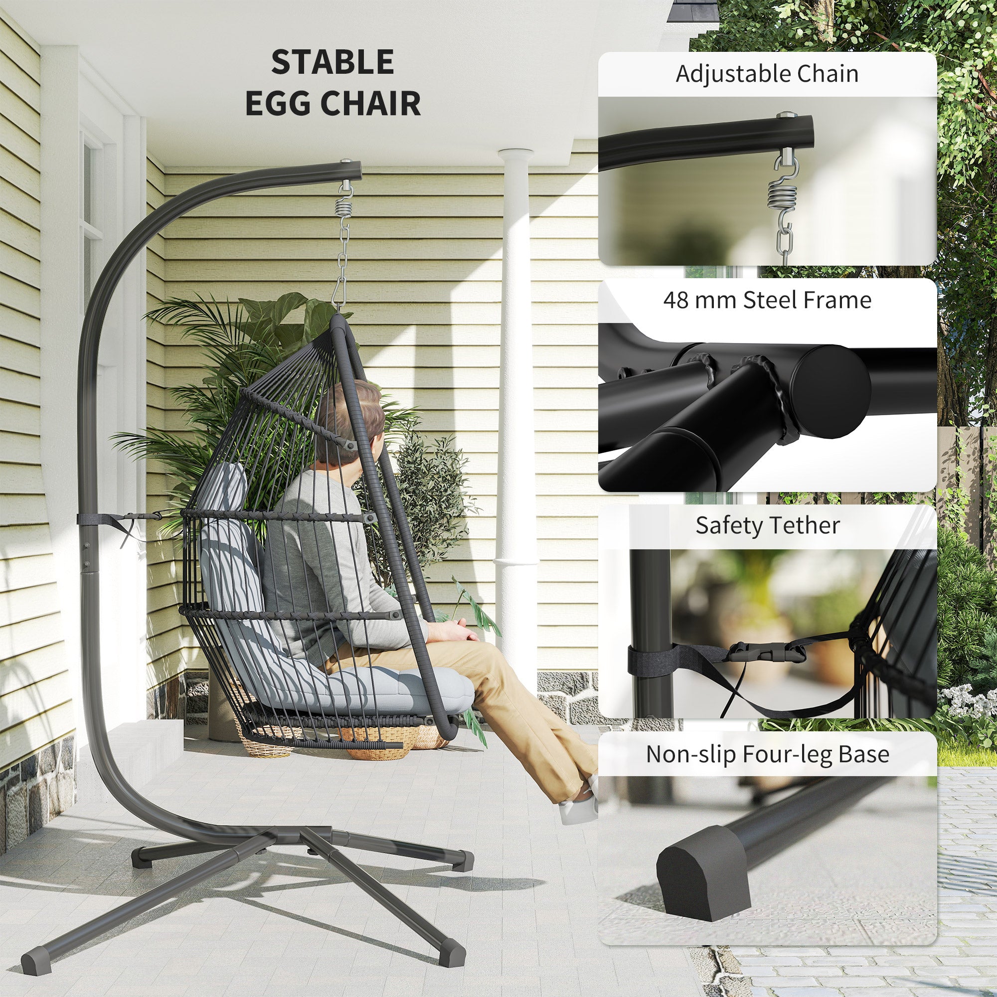 Outsunny Rattan Hanging Egg Chair with Stand, Foldable Wicker Swing Egg Chair with Cushion, Head Pillow, Steel Frame, Hammock Chair for Indoor Outdoor, Capacity 150 kg, Dark Grey