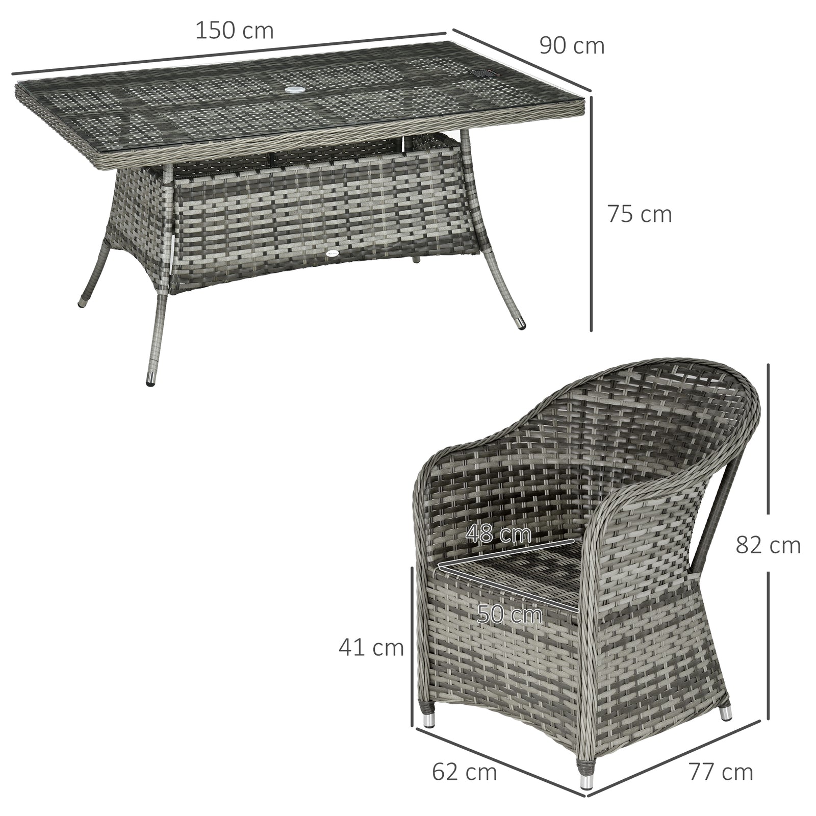 Outsunny Seven-Piece Rattan Dining Set with Tempered Glass Table Top and Parasol Hole - Grey