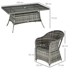 Outsunny Seven-Piece Rattan Dining Set with Tempered Glass Table Top and Parasol Hole - Grey