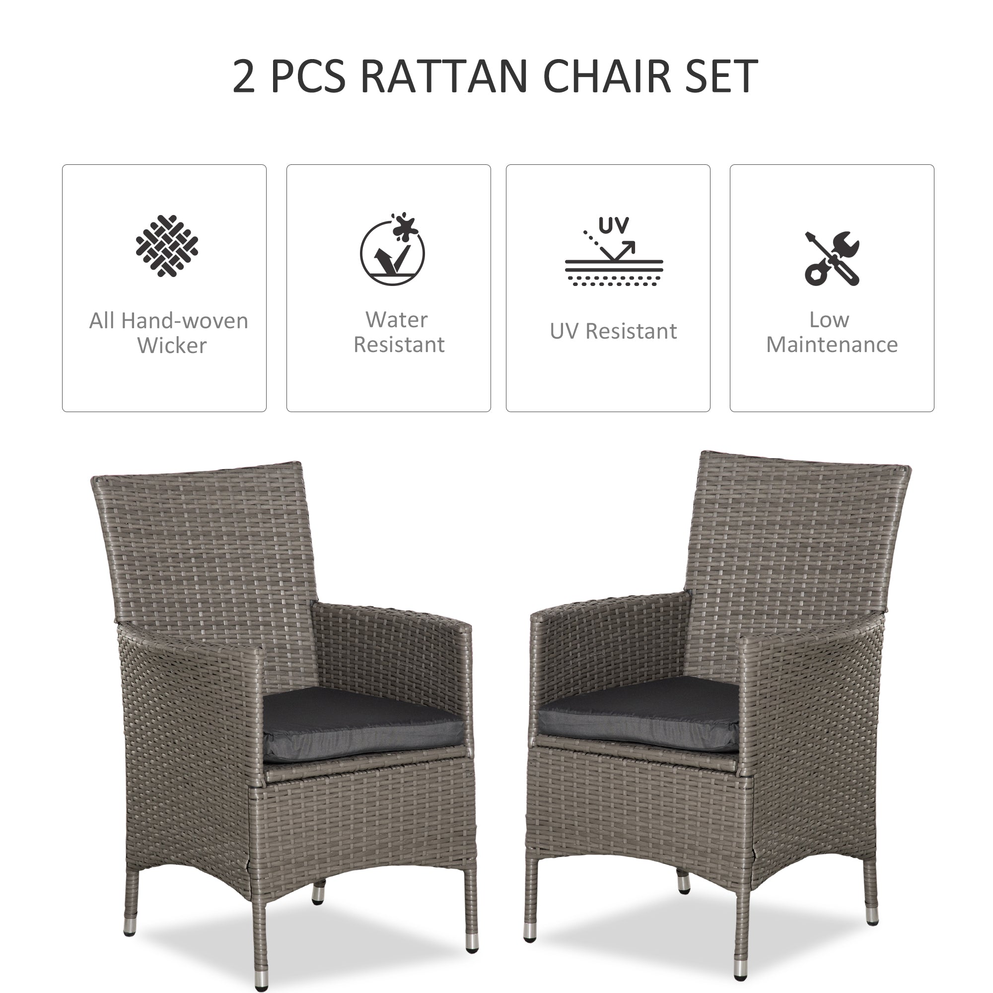Outsunny 2 Pieces Outdoor PE Rattan Dining Chairs Set with Cushion, Garden Armchair with Armrests, High Backrest, Metal Frame Patio Wicker Furniture, Grey