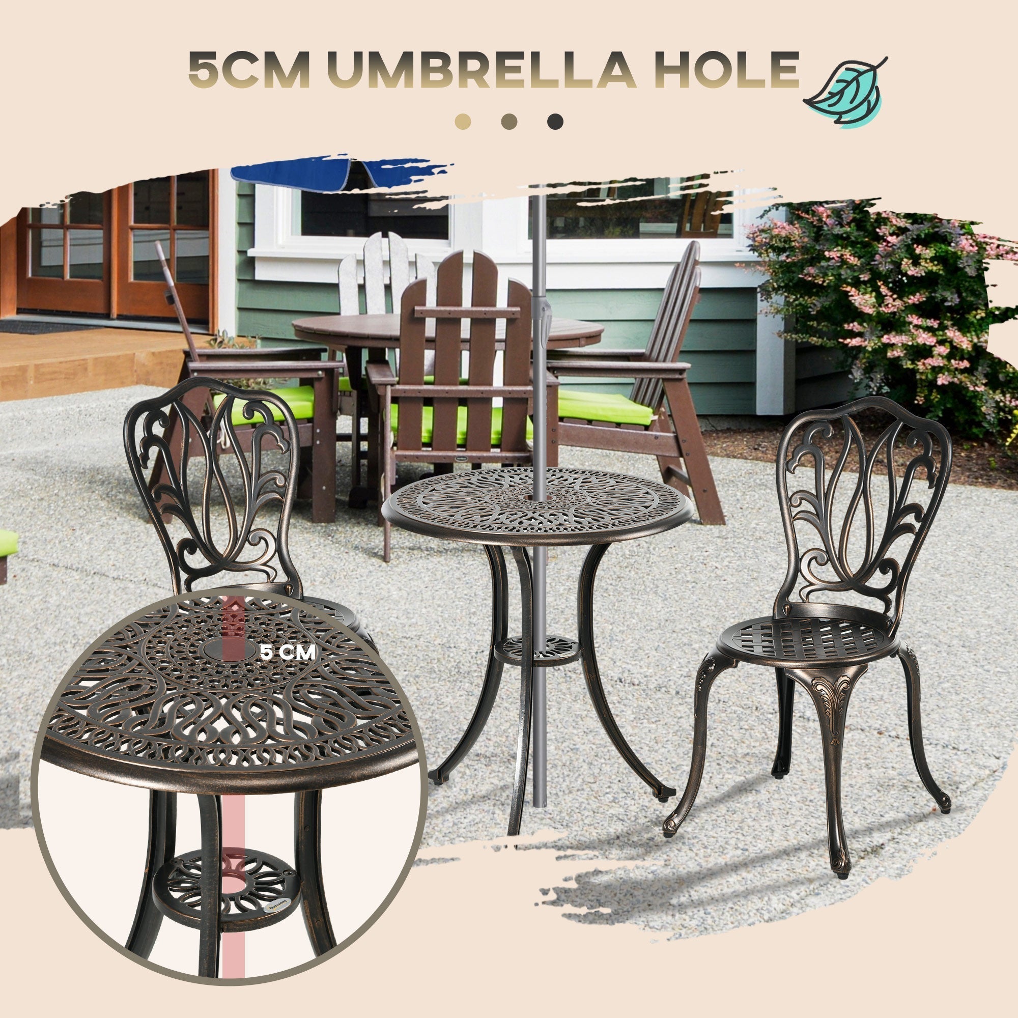 Outsunny 3 Piece Garden Bistro Set Aluminium Outdoor Furniture Set for 2 Patio Chairs and Table with Umbrella Hole Bronze Tone