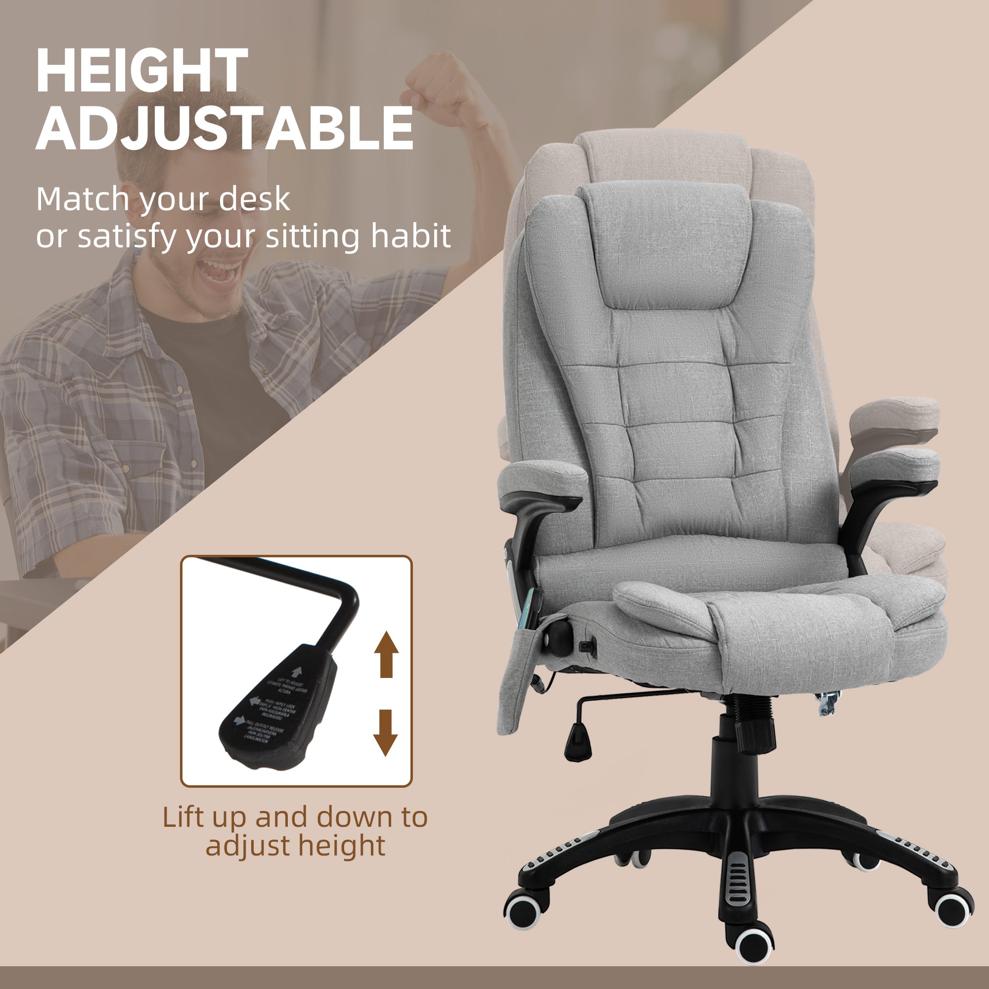 Vinsetto Office Chair, Ergonomic Fabric Desk Chair with 6-Point Massage and Back Heated, Arms, Lumbar Support, Light Grey
