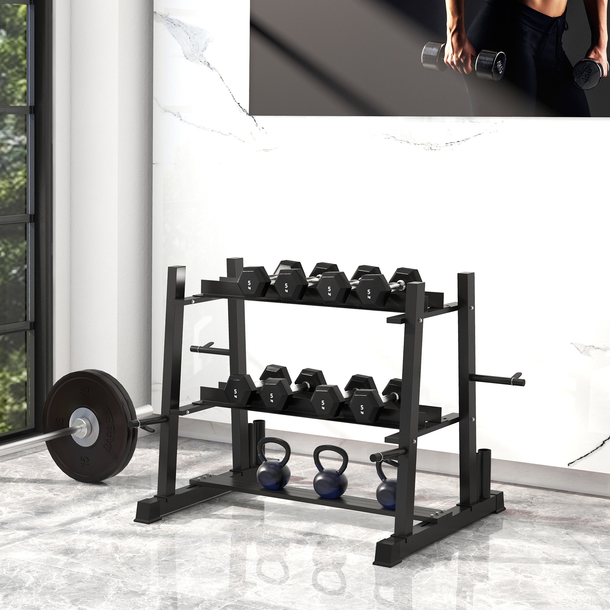 SPORTNOW 3-Tier Dumbbell Rack, Versatile Weight Rack with 4 Weight Rods for Dumbbells, Kettlebells and Plates (Rack Only)