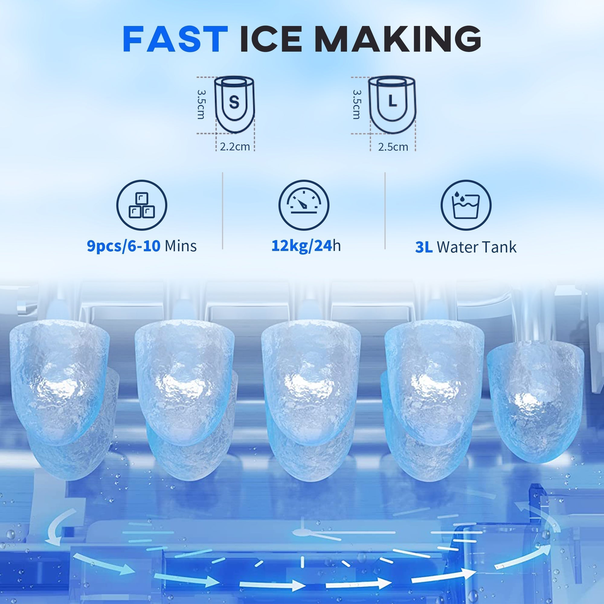 HOMCOM 3L Ice Maker Machine and Water Dispenser, 12kg in 24H, 2 Sizes 9 Ice Cubes Ready in 6-10 Mins Ice Machine, Red