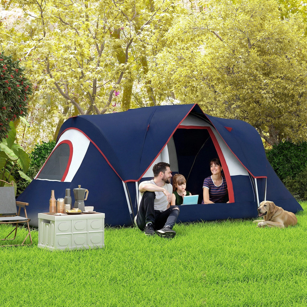 Outsunny 5-6 Man Camping Tent, Tunnel Tent, Water Resistant Hiking Shelter with Groundsheet and Carry Bag, Navy Blue