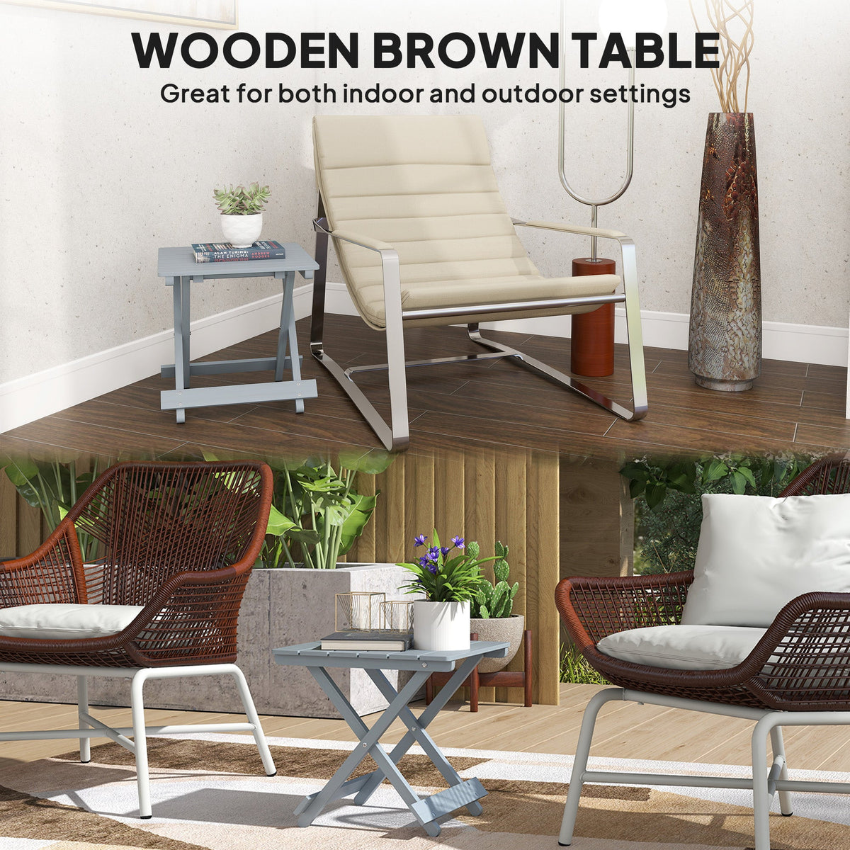 Outsunny Fir Wood Folding Coffee Table, Lightweight Small Garden Table with Slatted Top, Portable Folding Side Table for Balcony