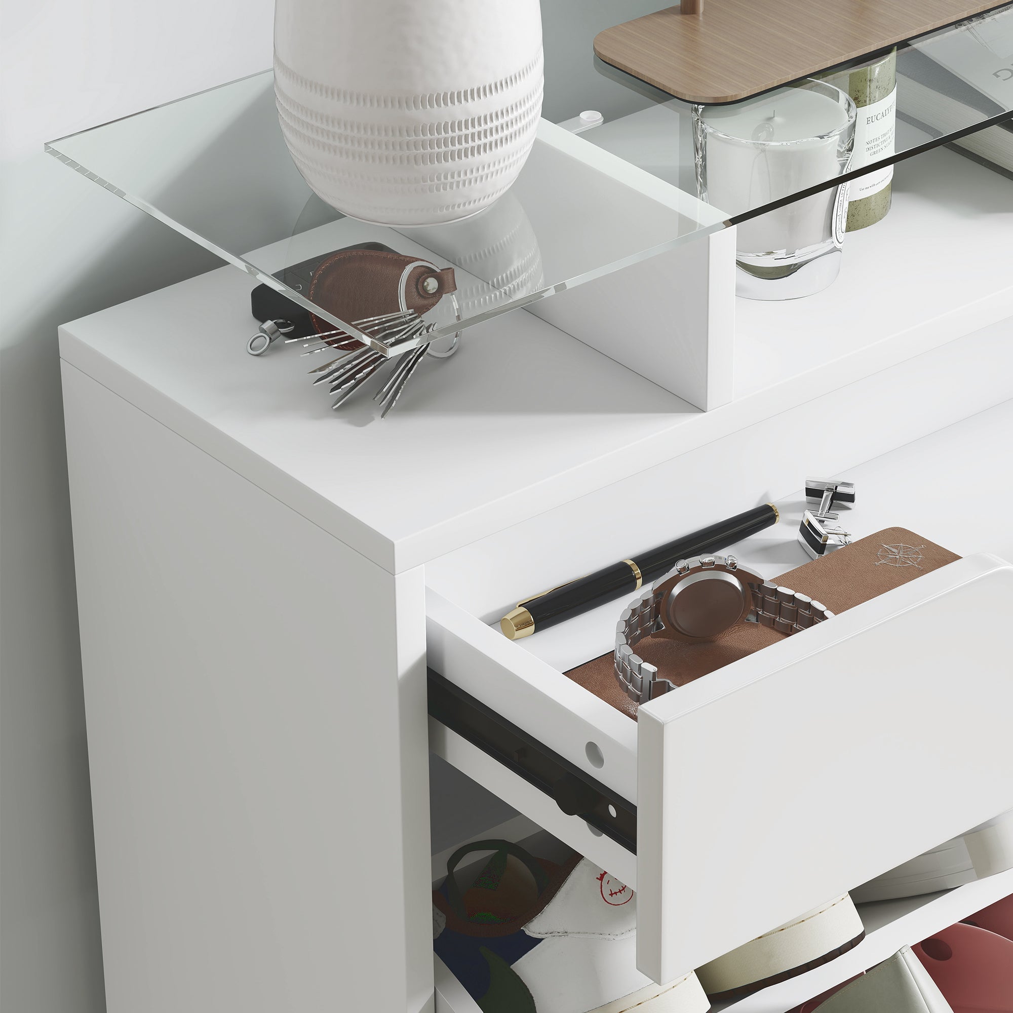 HOMCOM Shoe Storage Cabinet with Slide Out Drawer, 2 Flip Doors, Tempered Glass Top - White