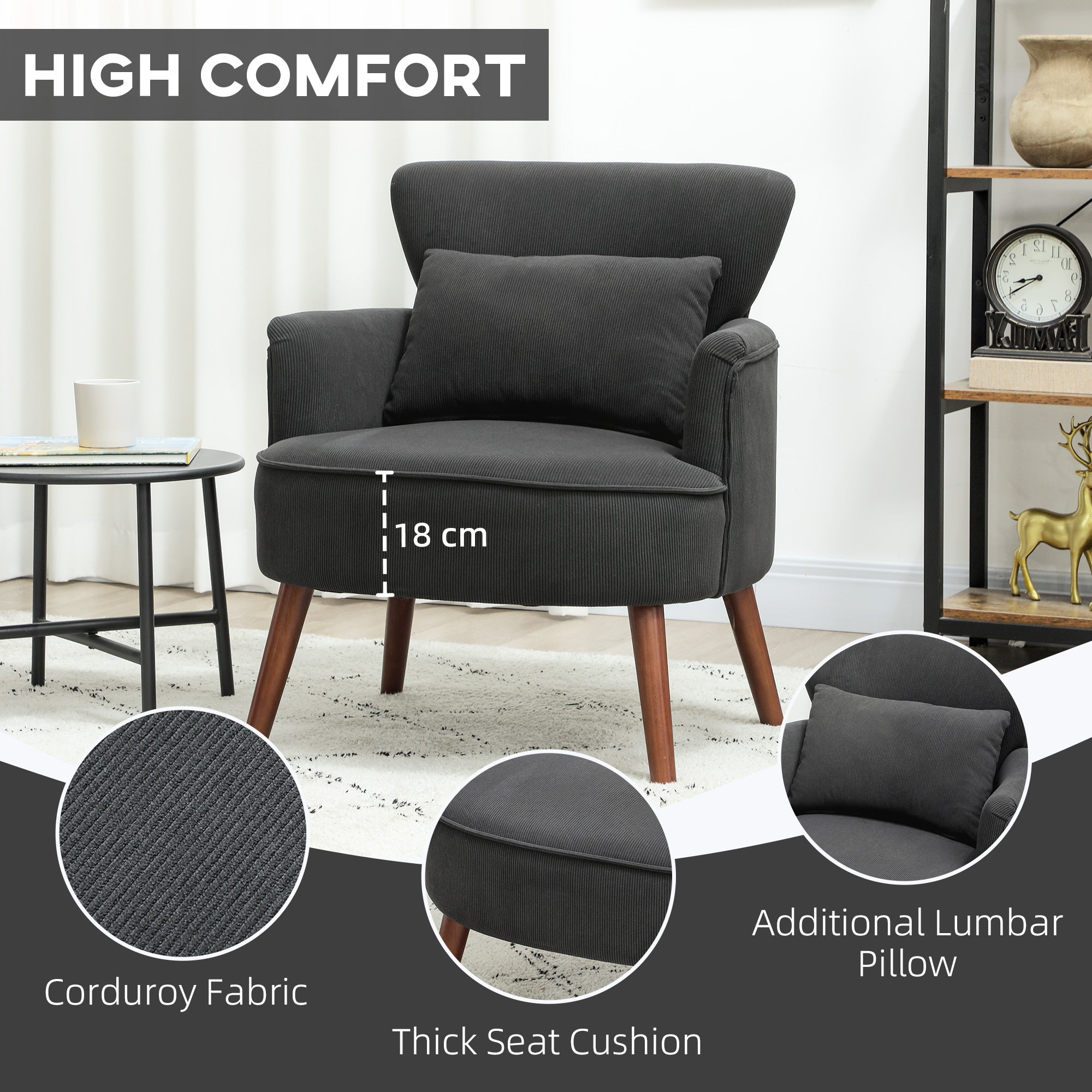 HOMCOM Corduroy Retro Accent Chair - Black