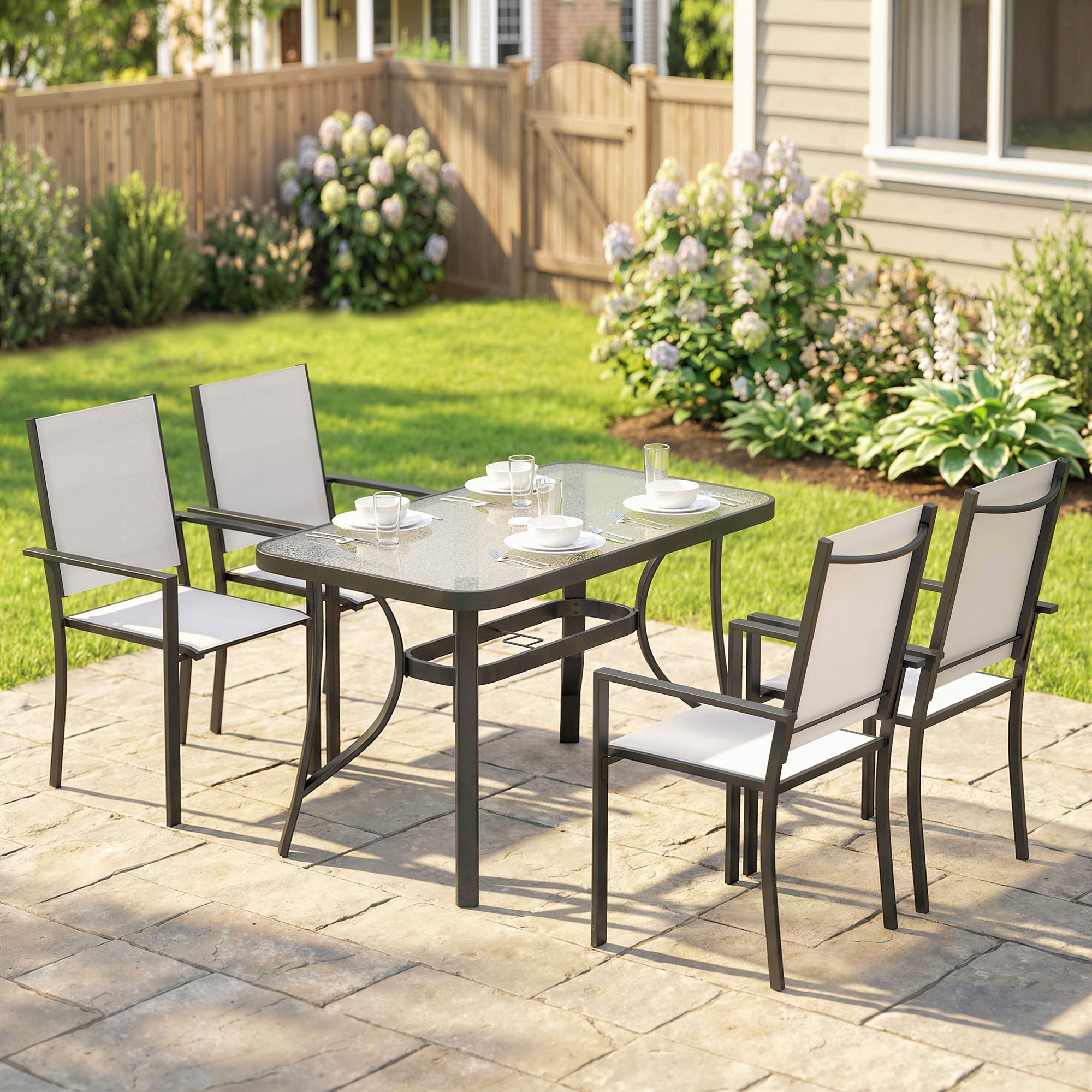 Outsunny Garden Dining Set for 4 with Umbrella Hole, Stackable Chairs and Rectangular Glass-Top Outdoor Table, Light Grey