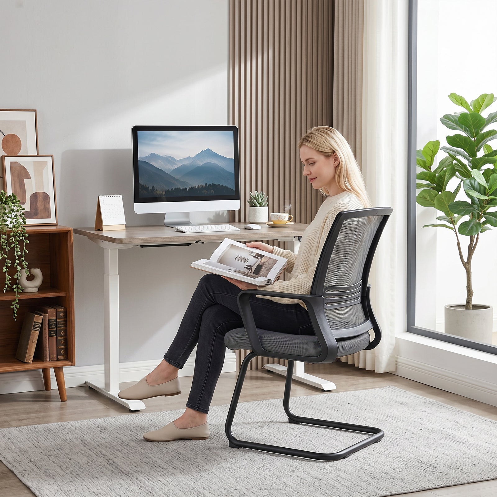HOMCOM Padded Meeting Office Chair, Ergonomic Desk Chair No Wheels with Sled Base for Bedroom, Waiting, Reception, Dark Grey
