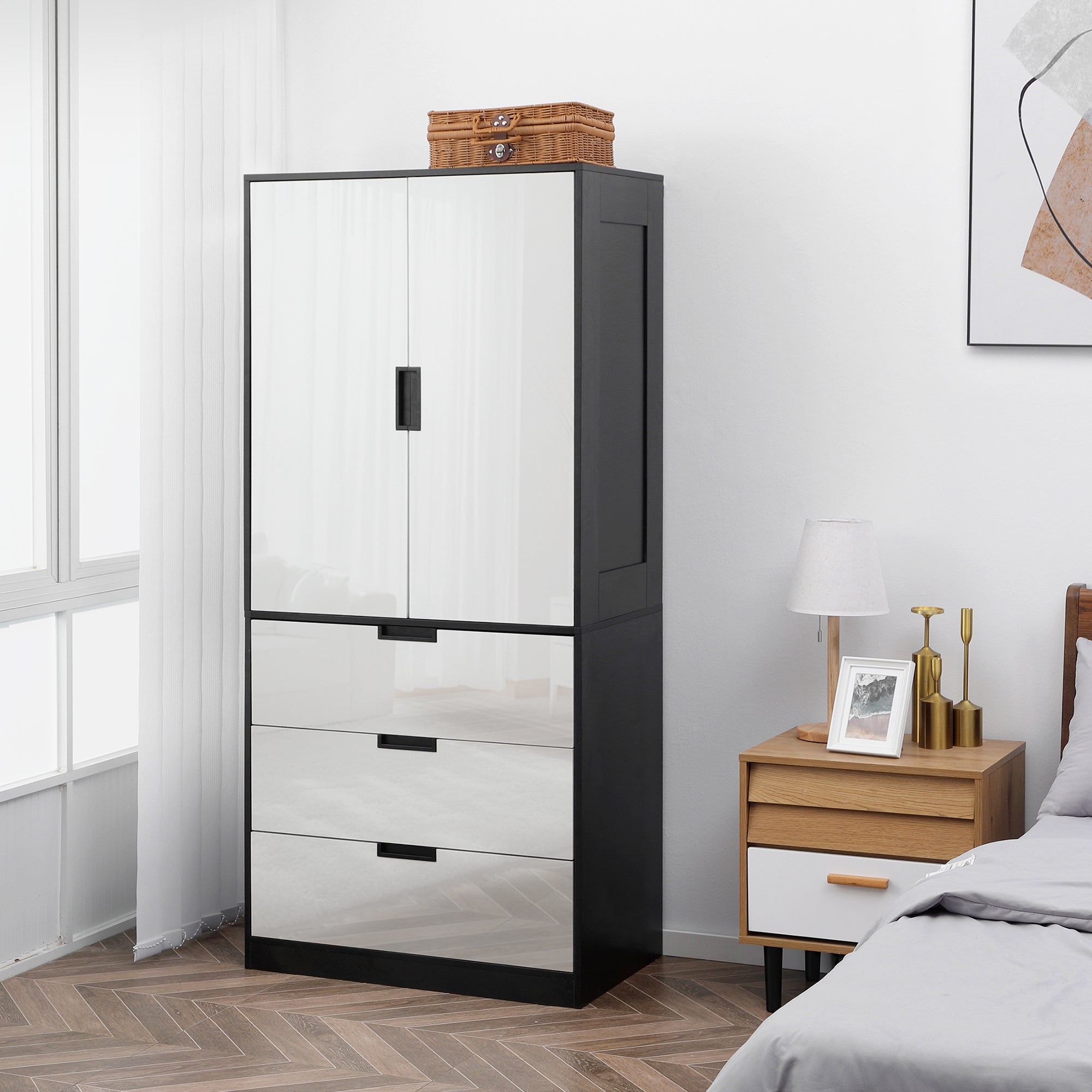 HOMCOM 2 Door Wardrobe, Modern Wardrobe with 3 Drawers and Hanging Rod for Bedroom, High Gloss White