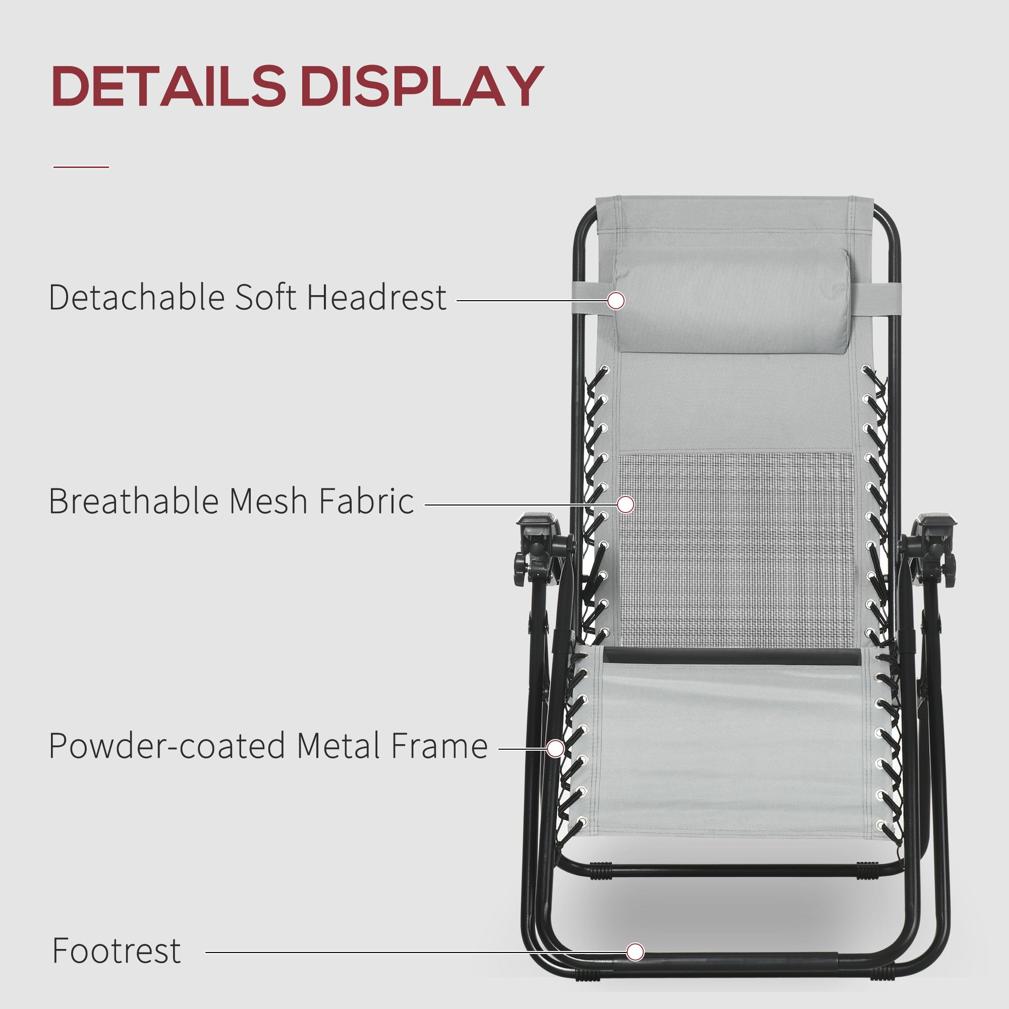 Outsunny Garden Recliner Chairs Set of 2, Outdoor Foldable Zero Gravity Chairs Set w/ Footstool and Detachable Headrest, Grey