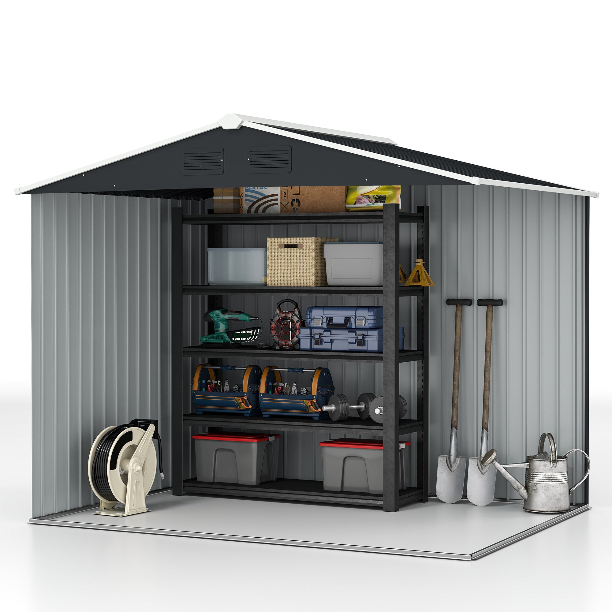 Outsunny 7.7 x 5.7ft Metal Garden Shed, Galvanised Outdoor Tool Storage House with Ventilation Slots and Sliding Doors, Grey