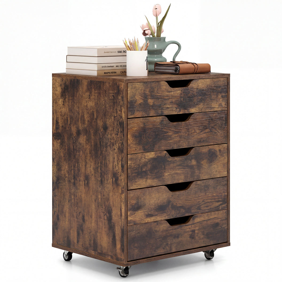 5 Drawer Chest with Lockable Wheels for Home Office-Brown