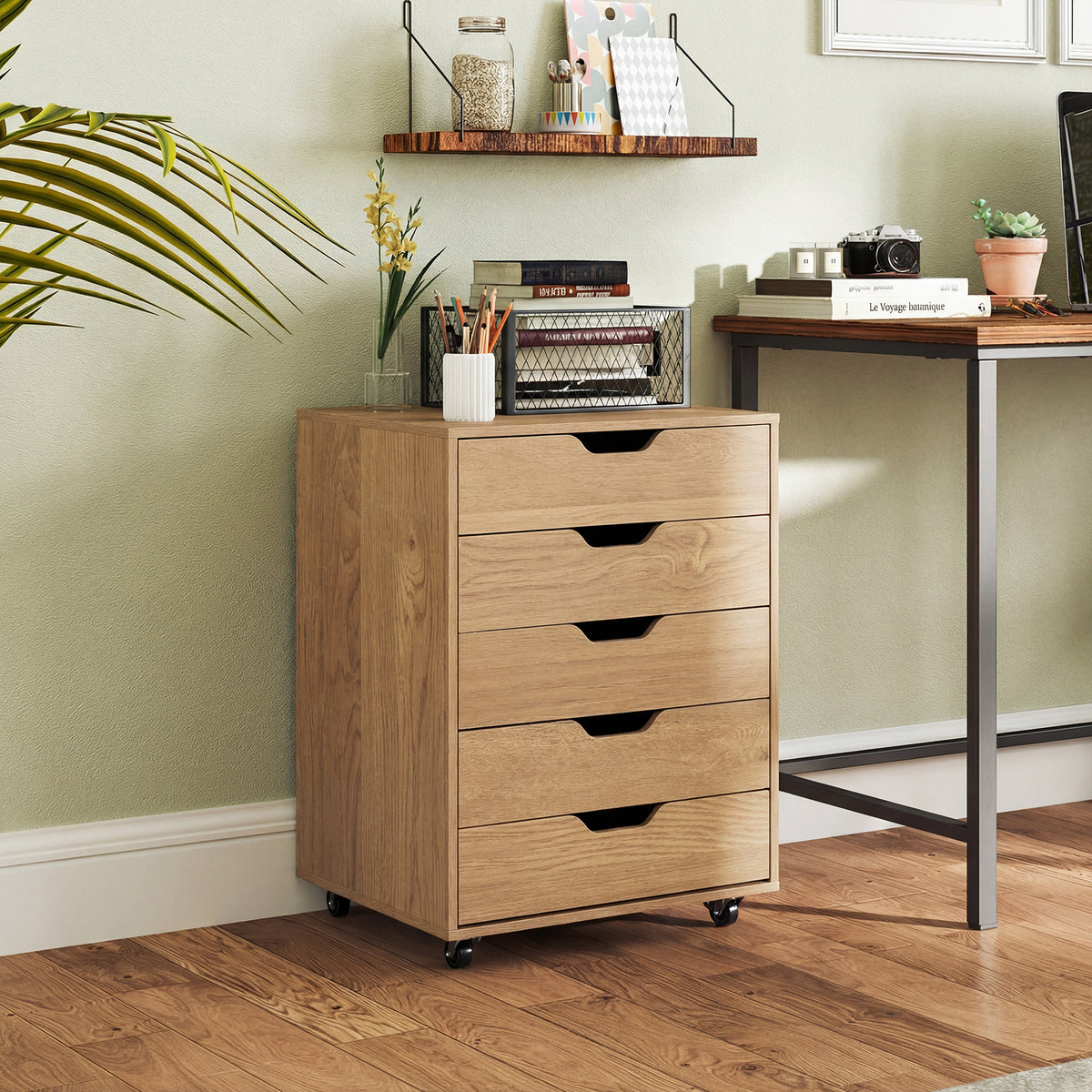 5 Drawer Chest with Lockable Wheels for Home Office-Natural