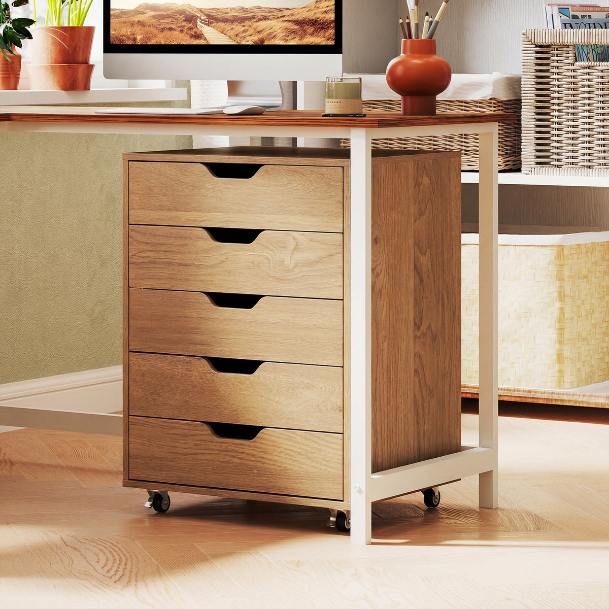 5 Drawer Chest with Lockable Wheels for Home Office-Natural