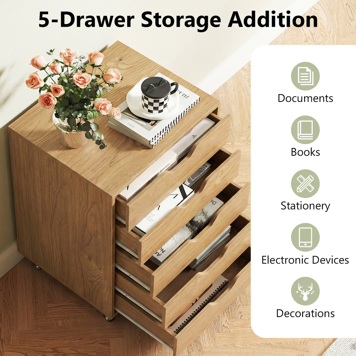 5 Drawer Chest with Lockable Wheels for Home Office-Natural