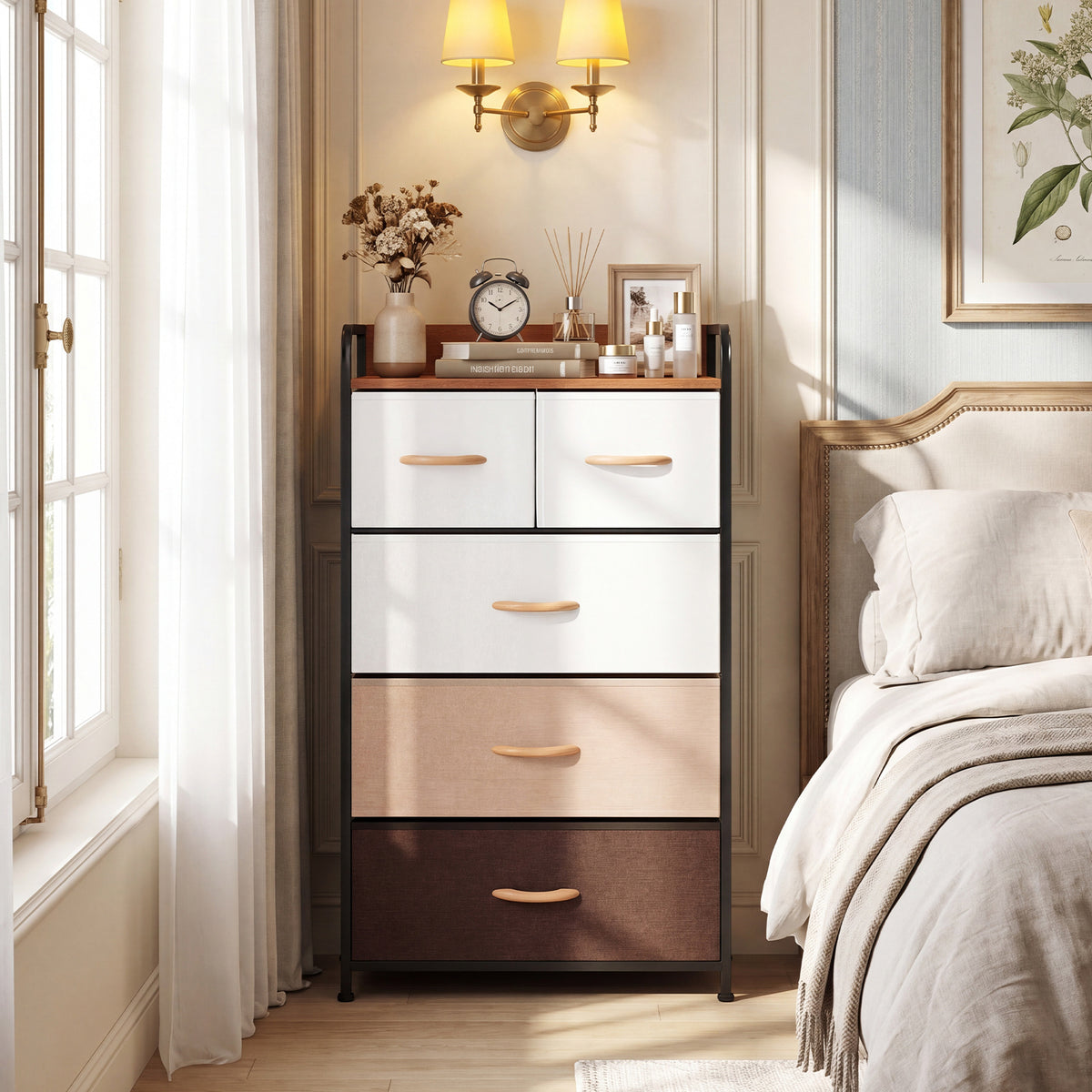 5-Drawer Tall Narrow Fabric Dresser with Removable Fabric Bins-Multicolor