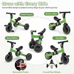 5-In-1 Toddler Bike Kids Balance Bike with Removable Pedals-Green