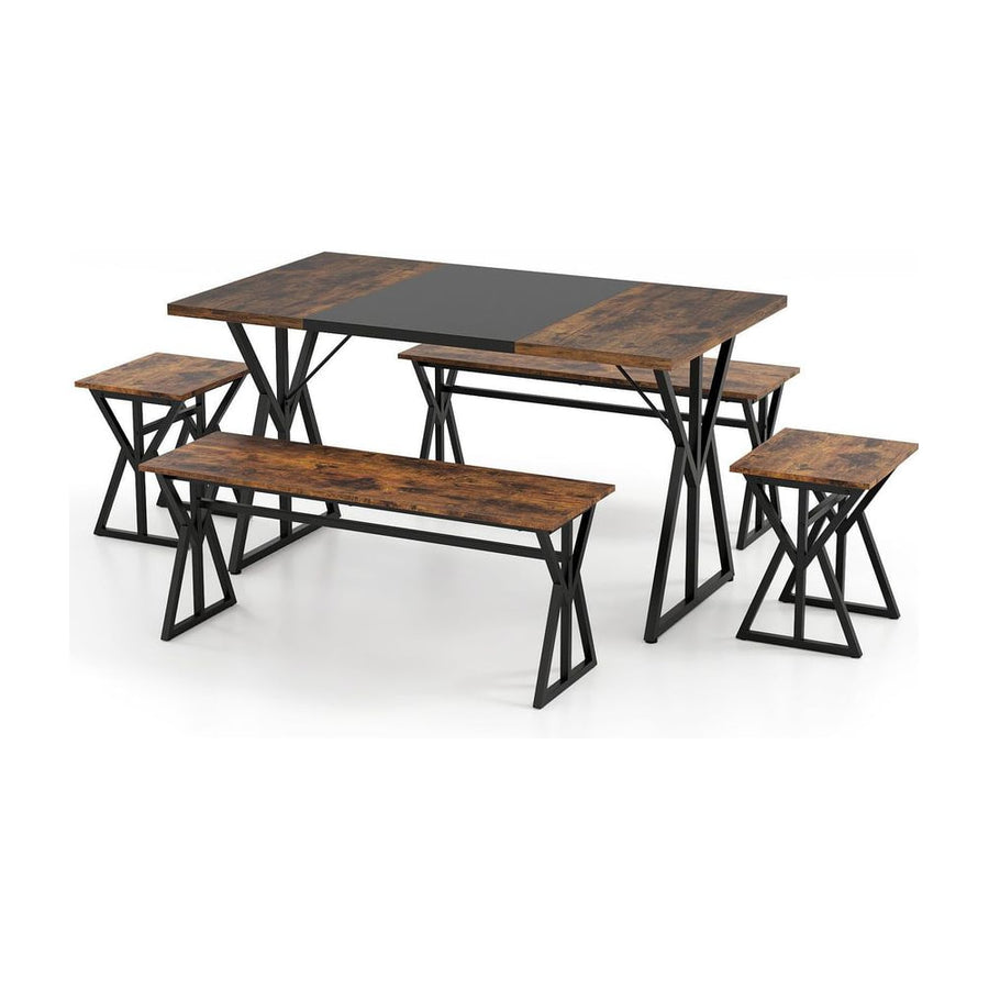 5-Piece Dining Room Set for 4-6 People Industrial Rectangular Kitchen Table with 2 Benches and 2 Stools-Rustic Brown