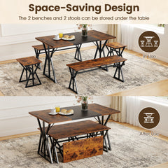 5-Piece Dining Room Set for 4-6 People Industrial Rectangular Kitchen Table with 2 Benches and 2 Stools-Rustic Brown