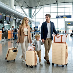 The kids luggage being used by a family walking through a busy airport terminal