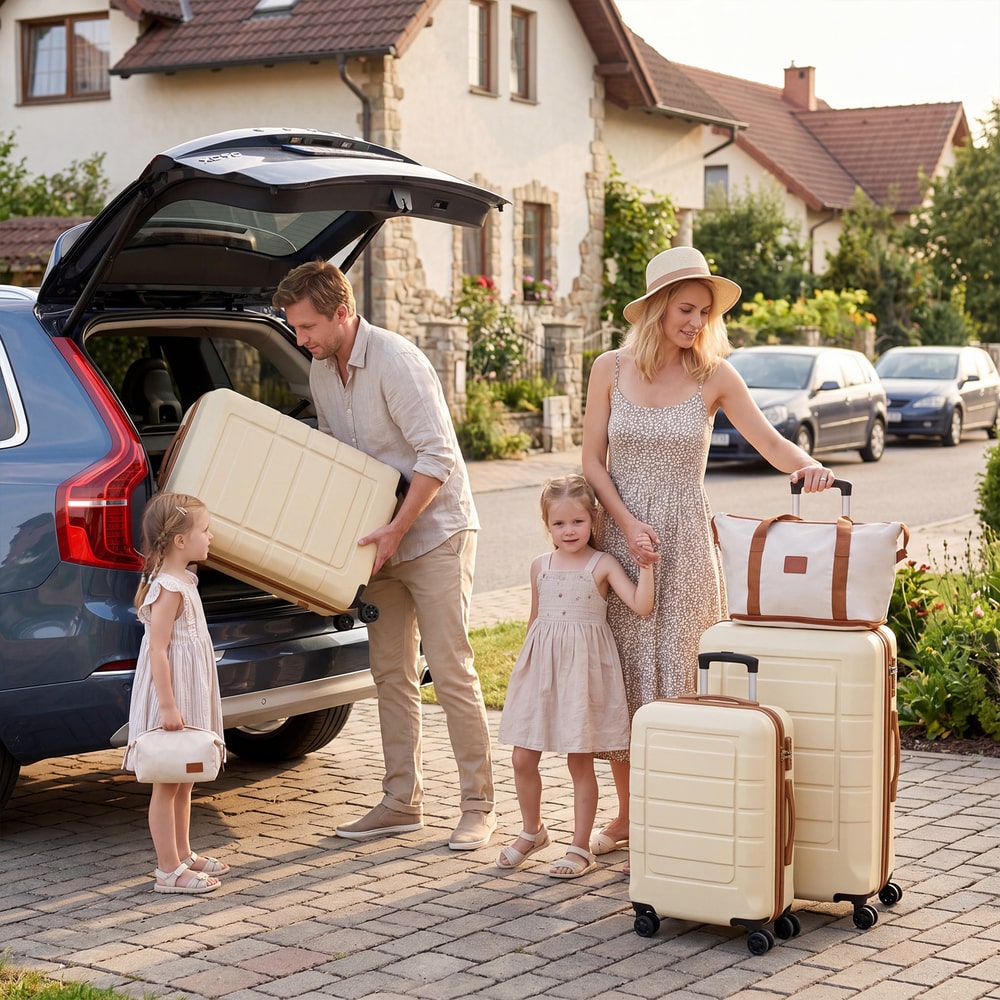The kids luggage being packed into the boot of a car by a family before a trip
