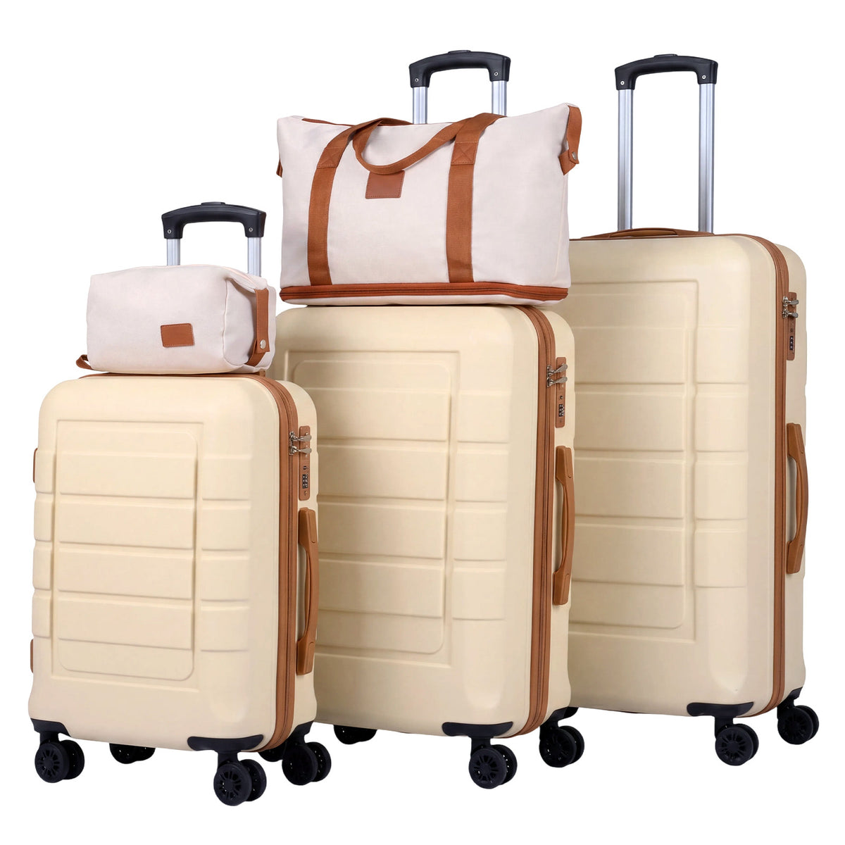 The kids luggage stacked together with the duffel and toiletry bag on top