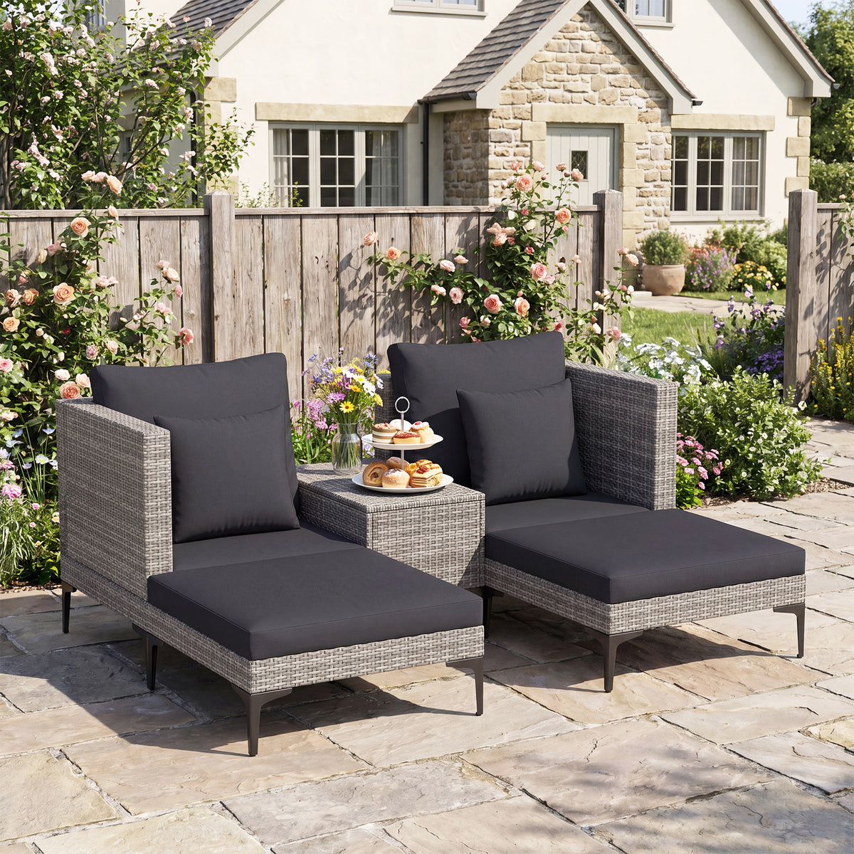 5-Piece Patio Conversation Set with 2 Armchairs 2 Ottomans and Side Table-Dark Grey