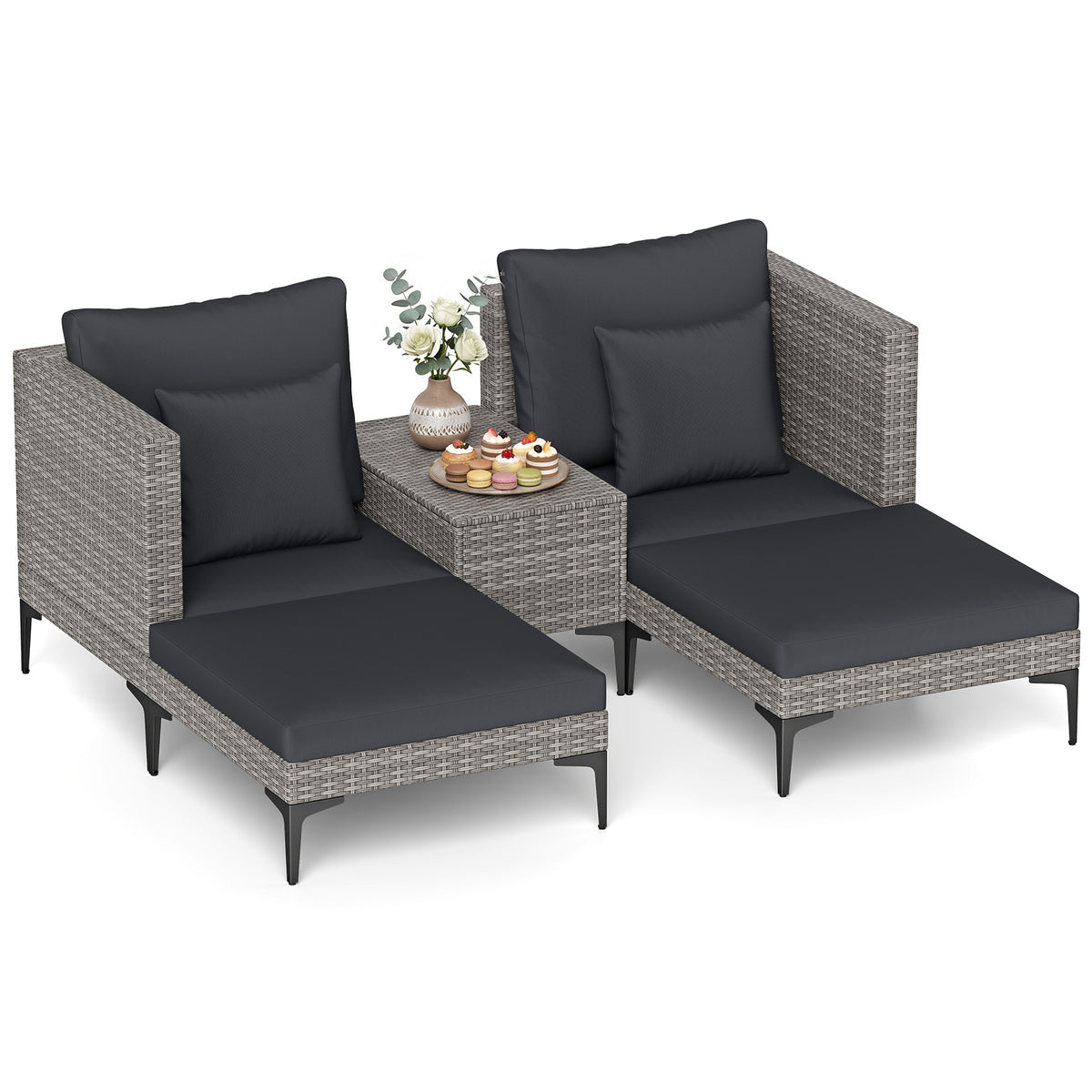 5-Piece Patio Conversation Set with 2 Armchairs 2 Ottomans and Side Table-Dark Grey