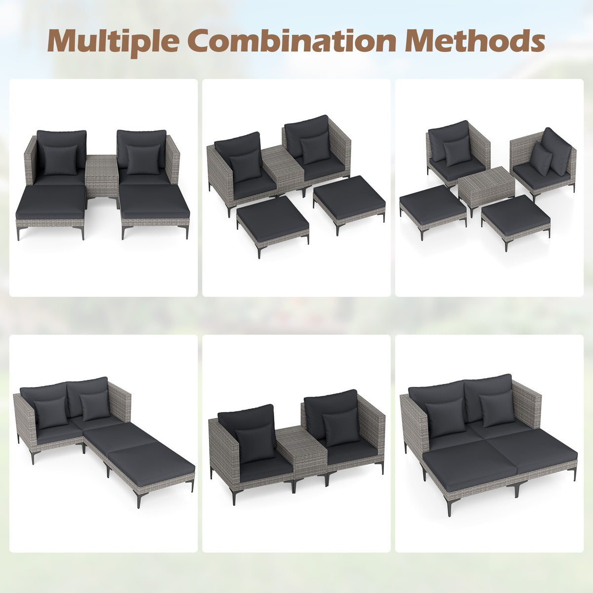 5-Piece Patio Conversation Set with 2 Armchairs 2 Ottomans and Side Table-Dark Grey