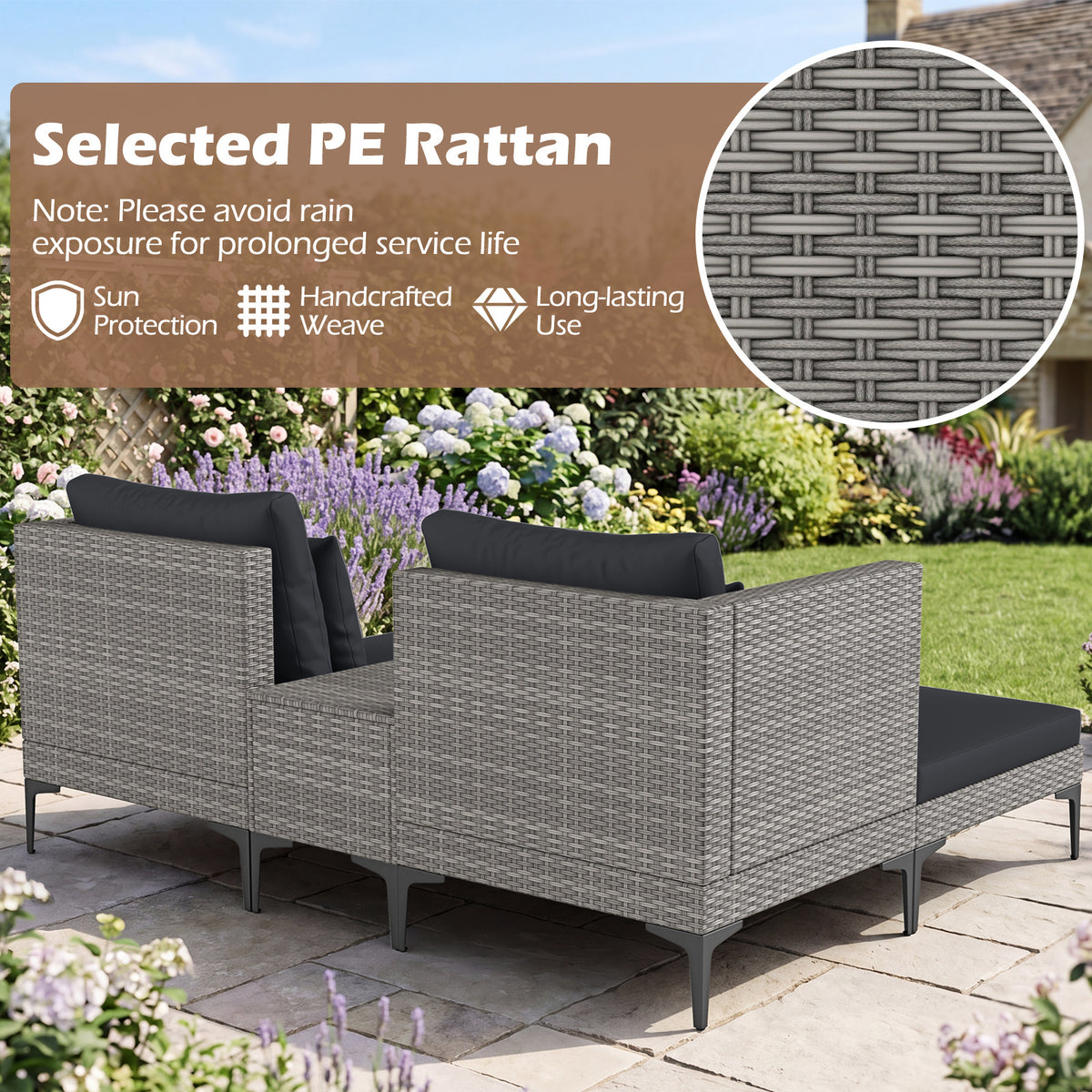 5-Piece Patio Conversation Set with 2 Armchairs 2 Ottomans and Side Table-Dark Grey