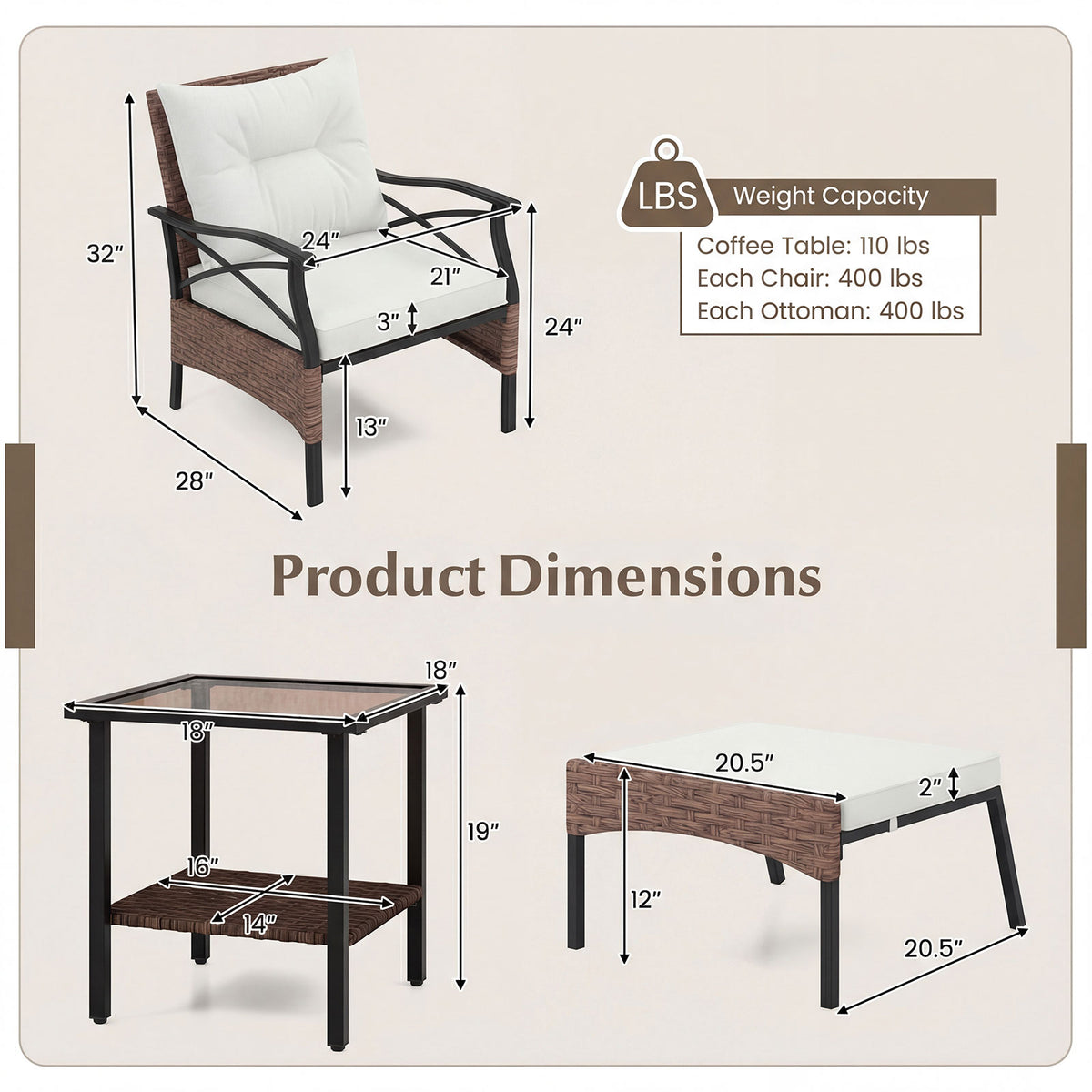 5 Piece Patio Furniture Set with Soft Seat and Back Cushions Included-Beige