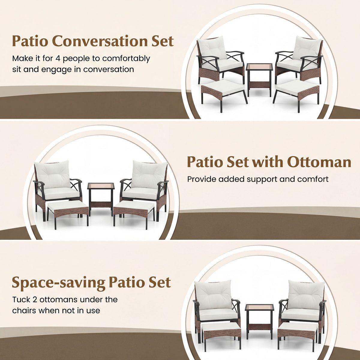 5 Piece Patio Furniture Set with Soft Seat and Back Cushions Included-Beige
