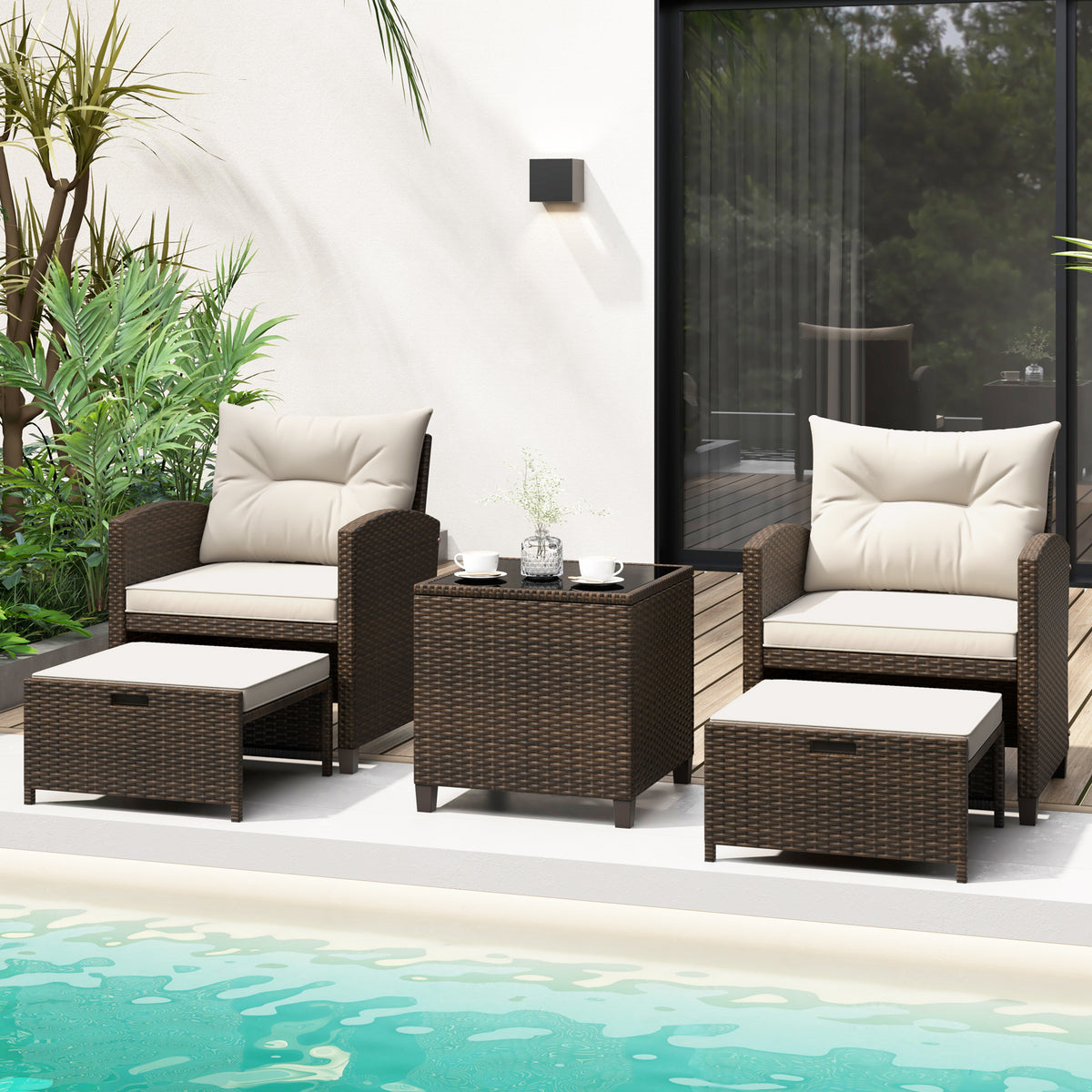 5-Piece Patio Rattan Furniture Set with Ottomans and Coffee Table for Backyard-White