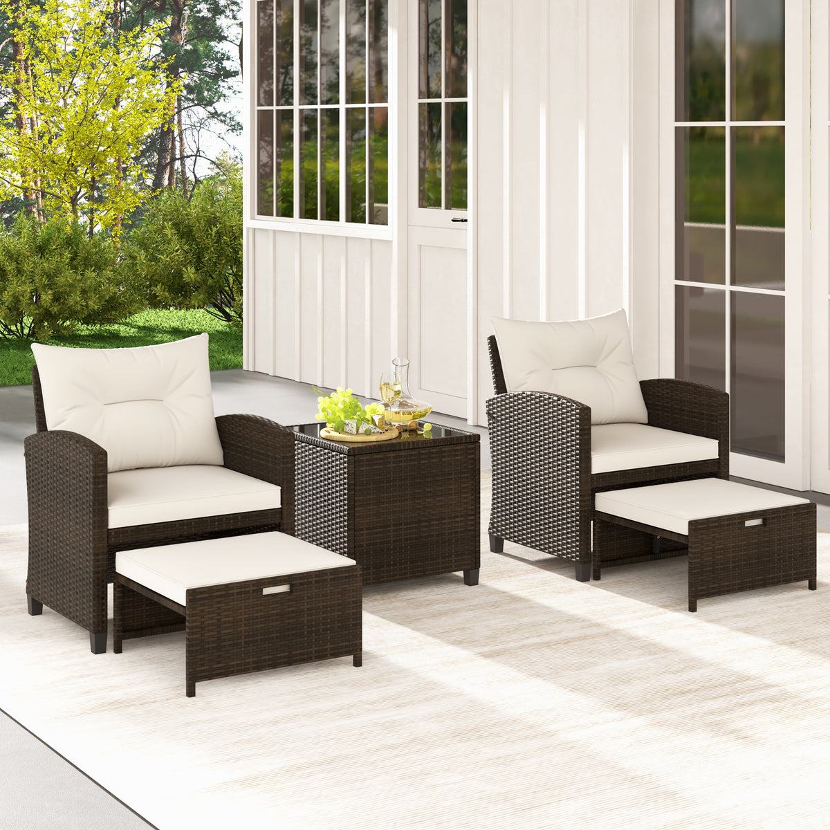 5-Piece Patio Rattan Furniture Set with Ottomans and Coffee Table for Backyard-White