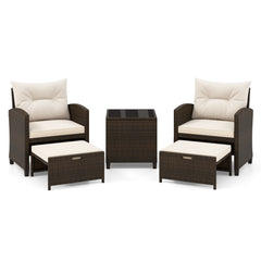 5-Piece Patio Rattan Furniture Set with Ottomans and Coffee Table for Backyard-White