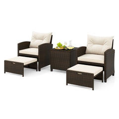 5-Piece Patio Rattan Furniture Set with Ottomans and Coffee Table for Backyard-White