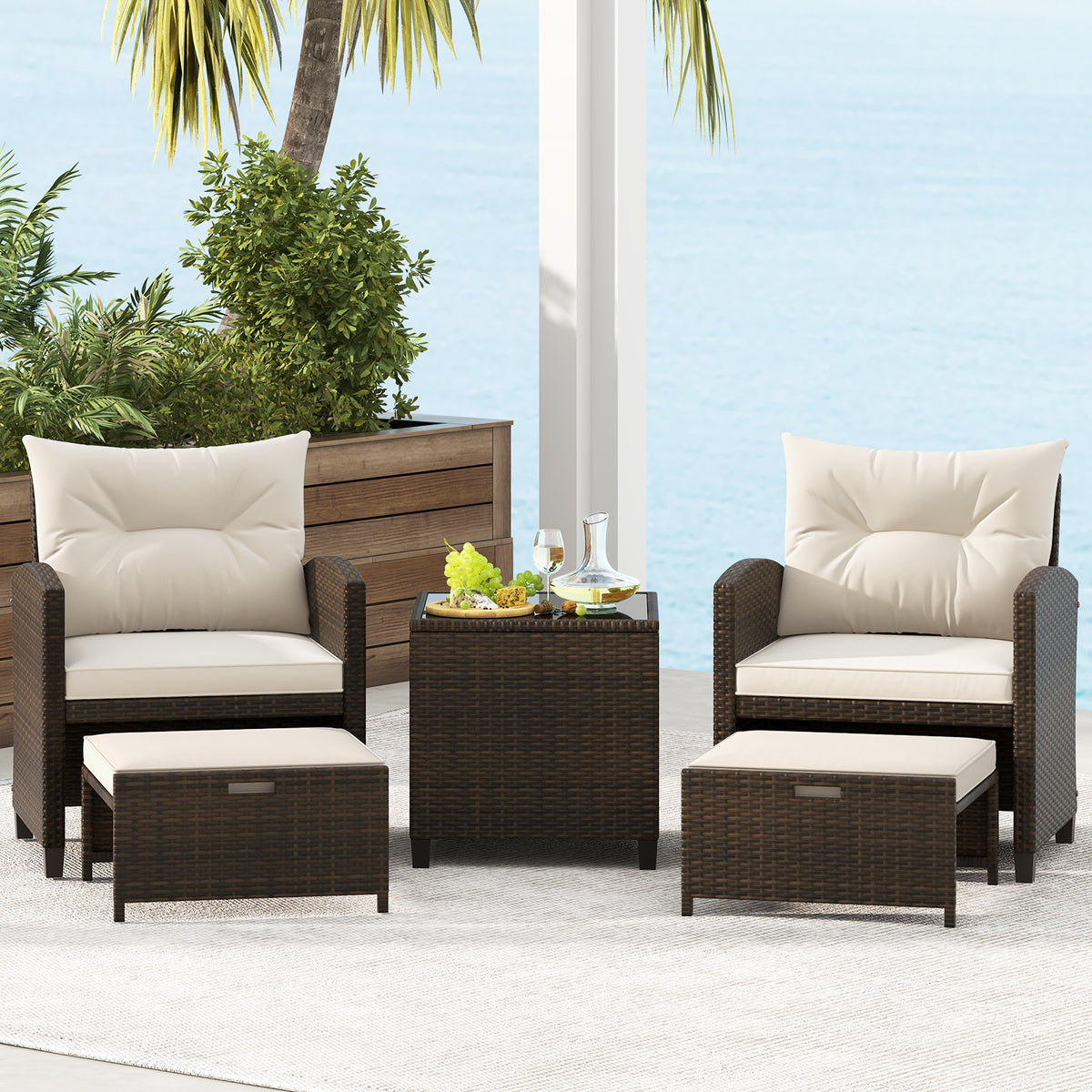 5-Piece Patio Rattan Furniture Set with Ottomans and Coffee Table for Backyard-White