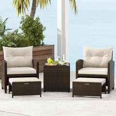5-Piece Patio Rattan Furniture Set with Ottomans and Coffee Table for Backyard-White