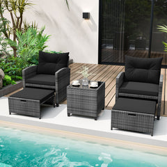 5 Piece Wicker Patio Furniture Set with 2 Cushioned Chairs and 2 Ottomans-Black