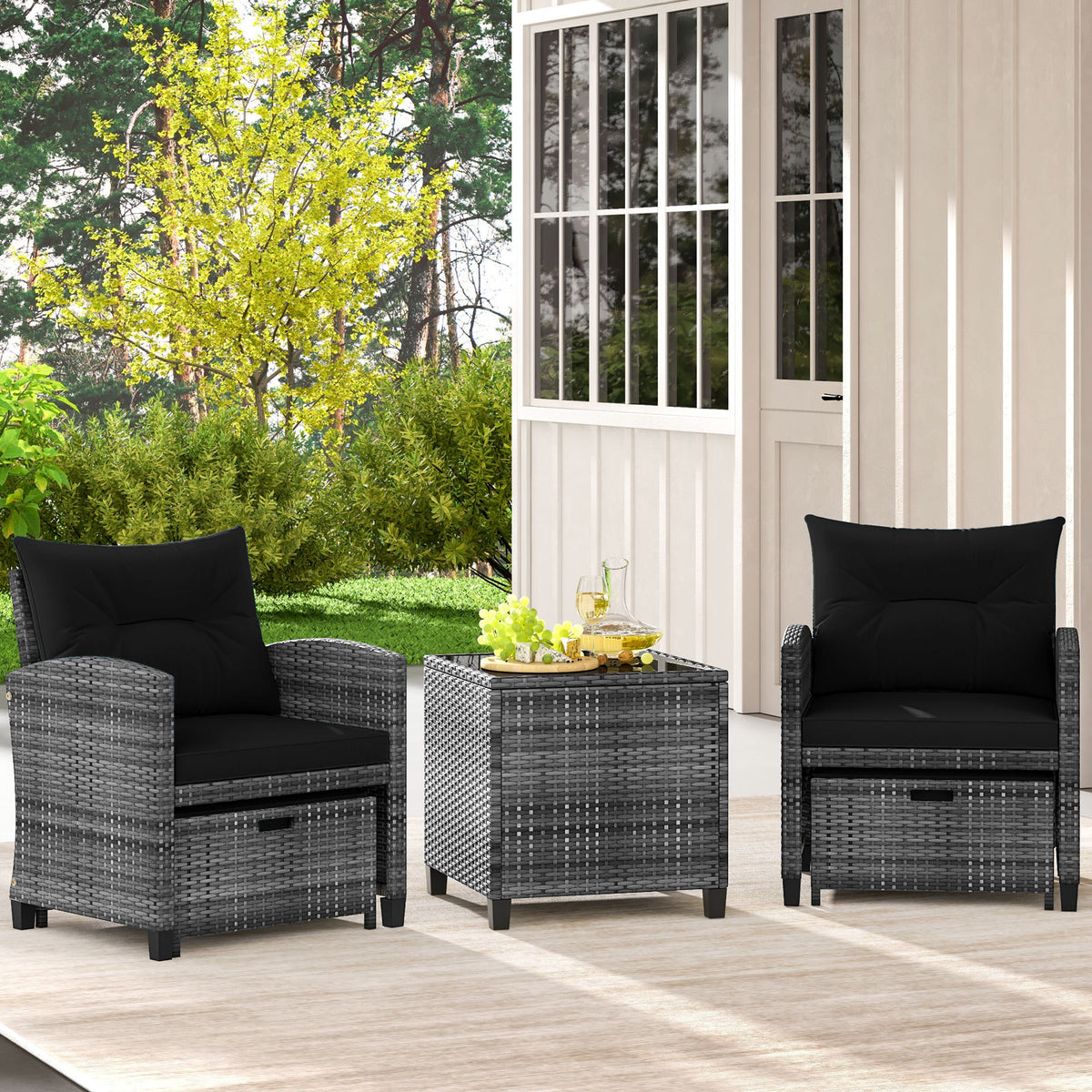 5 Piece Wicker Patio Furniture Set with 2 Cushioned Chairs and 2 Ottomans-Black