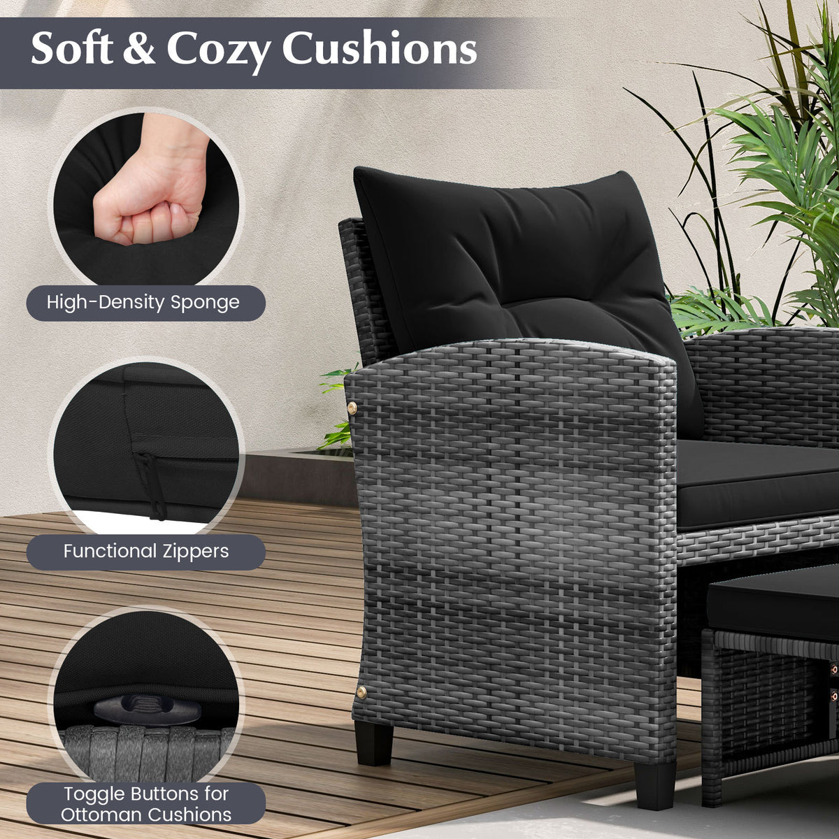 5 Piece Wicker Patio Furniture Set with 2 Cushioned Chairs and 2 Ottomans-Black