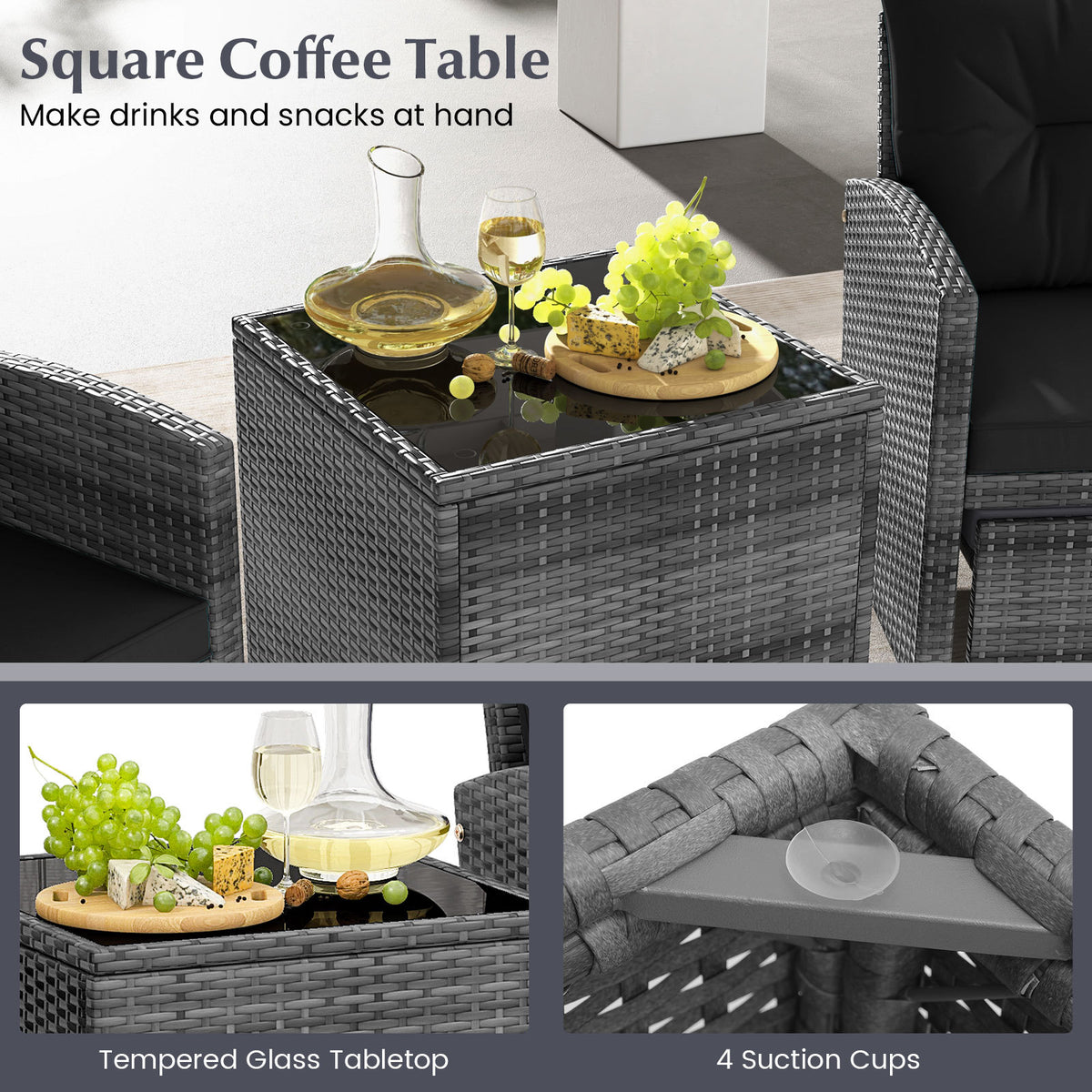 5 Piece Wicker Patio Furniture Set with 2 Cushioned Chairs and 2 Ottomans-Black