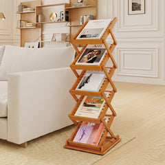 5-Pocket Foldable Bamboo Magazine Rack with 2 Adjustable Positions-Walnut