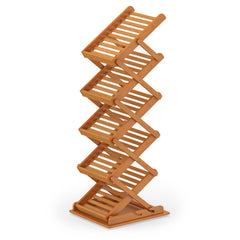 5-Pocket Foldable Bamboo Magazine Rack with 2 Adjustable Positions-Walnut