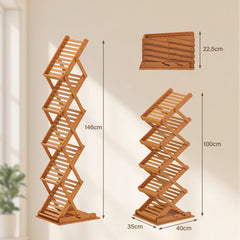 5-Pocket Foldable Bamboo Magazine Rack with 2 Adjustable Positions-Walnut