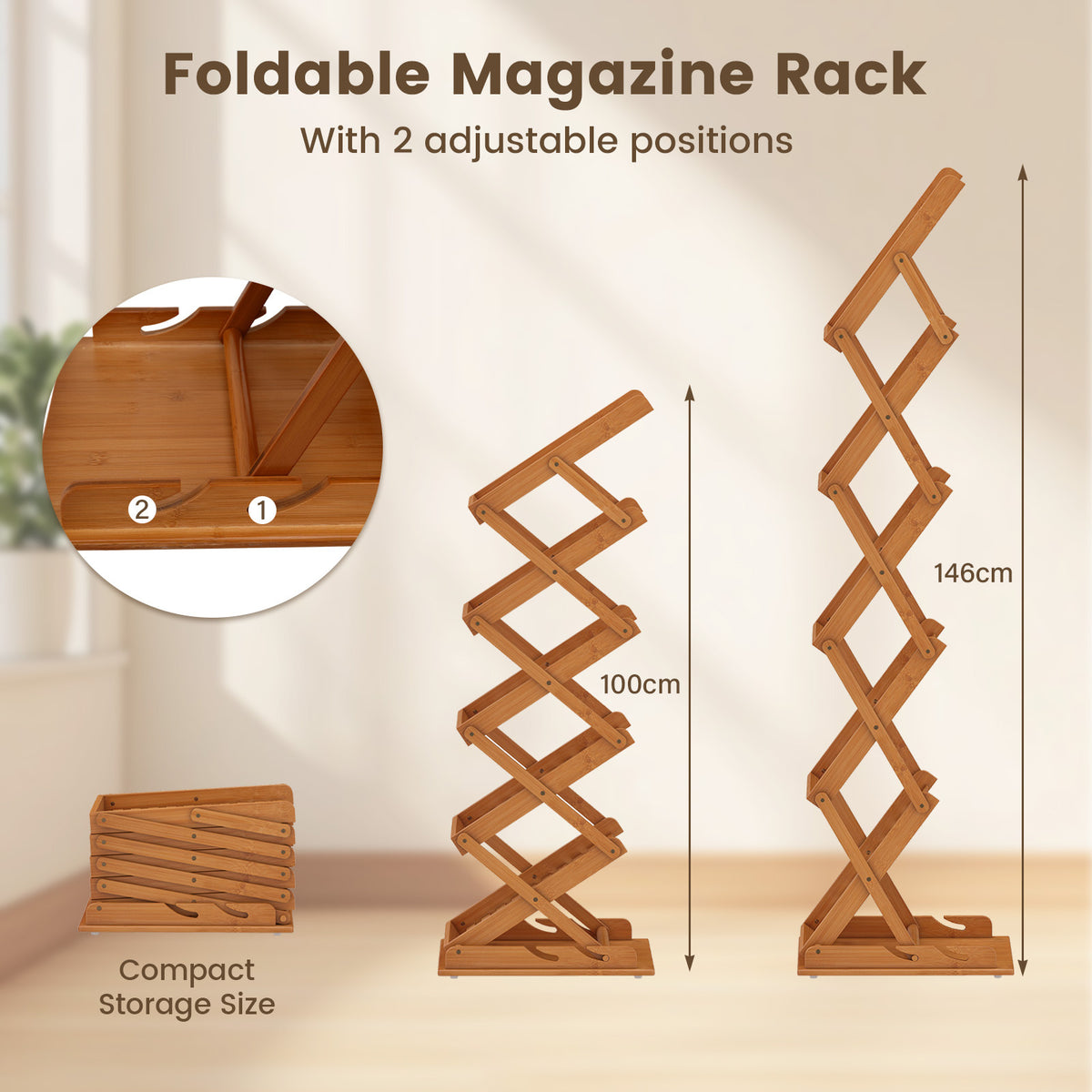 5-Pocket Foldable Bamboo Magazine Rack with 2 Adjustable Positions-Walnut