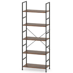 5-Tier 160 cm Tall Bookcase with Industrial Shelves and Metal Frame for Home Office-Brown
